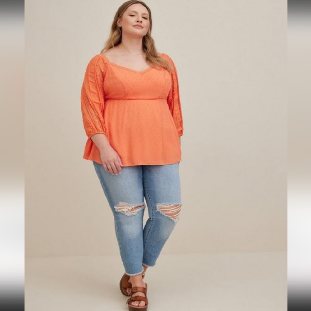 New Torrid 2X Peplum Gauze Clip Dot Smocked Back Top-Coral Size 2X(18/20…